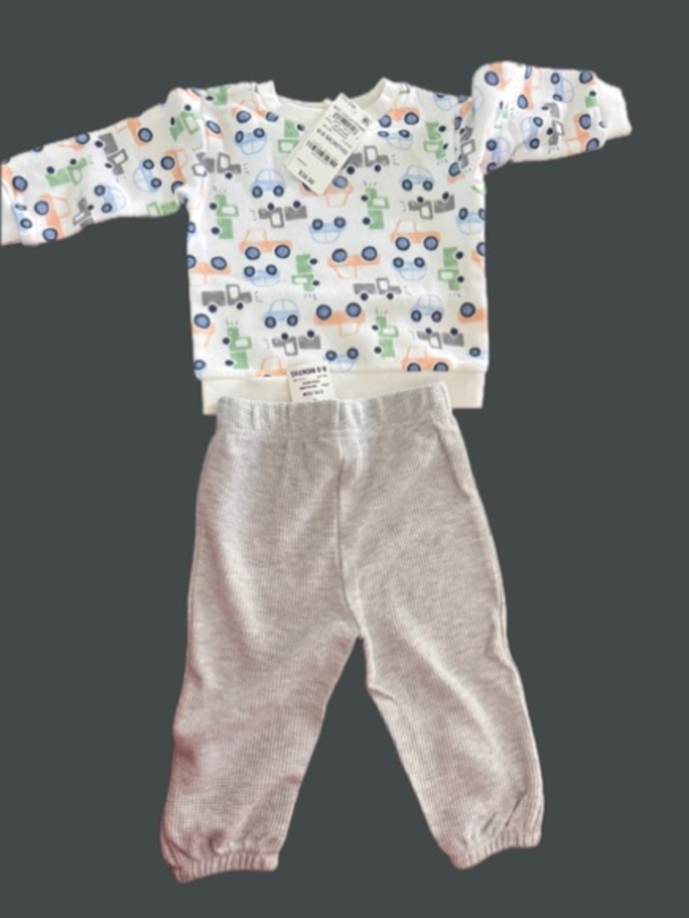 First Impressions White Pajama Set with Pastel Car Print and Gray Pants